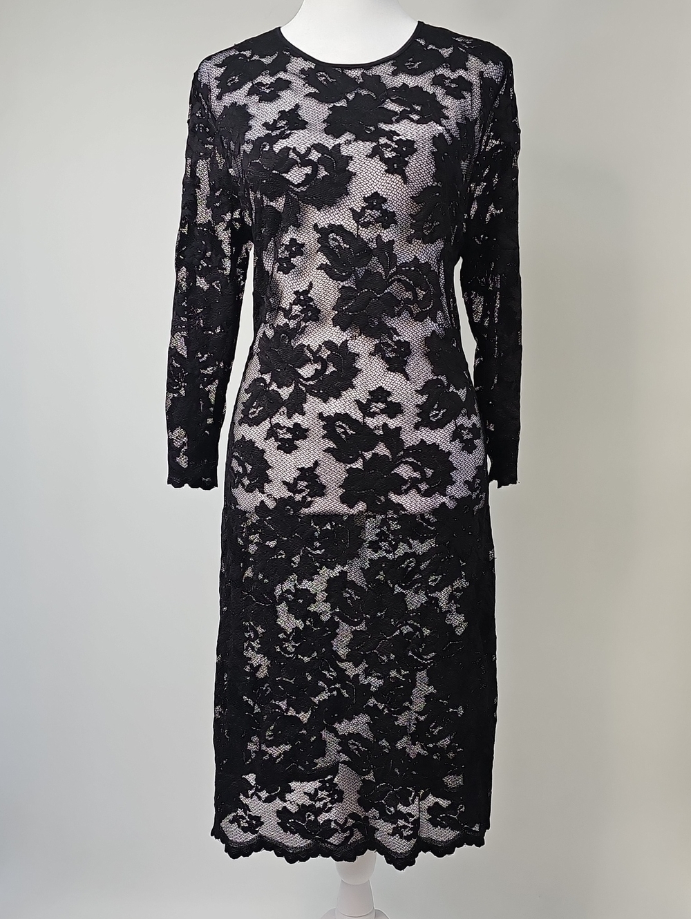 ABS Allen Schwartz Black Mesh Sheer Floral Lace 3/4 Sleeve Dress Whimsigoth